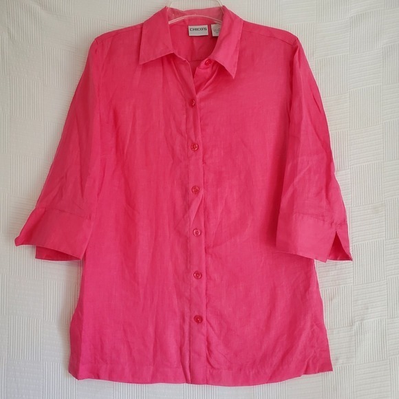 Chico's Tops - Chicos Womens Linen Top Small Pink Button Front 3/4 Sleeves Beachy Lightweight